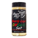 A 10.5 oz (298g) jar of Pawpa Flavor Bearly Legal OMGarlic Salt Seasoning & Rub by Pawpa Flavor LLC features a bear logo and colorful text on a black background.