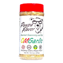 A 10 oz (283g) bottle of Pawpa Flavor OMGarlic Seasoning & Rub by Pawpa Flavor LLC, featuring a bear logo, red cap, and labels indicating it is low sodium, vegan friendly, and gluten free.