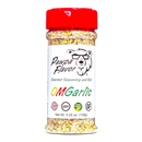 A 5.25 oz (149g) bottle of Pawpa Flavor OMGarlic Seasoning & Rub by Pawpa Flavor LLC, featuring a red cap, a clear label with a bear logo, and icons highlighting that it is low sodium, vegan friendly, and gluten free.