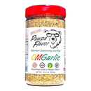 A 22 oz. jar of Pawpa Flavor OMGarlic Seasoning & Rub by Pawpa Flavor LLC, featuring a bear mascot, red lid, and labeled as a low sodium and vegan-friendly garlic seasoning that’s perfect for adding flavor to any dish.