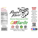 White label for Pawpa Flavor LLC Pawpa Flavor OMGarlic Seasoning & Rub featuring a bear logo, product details, nutrition facts, directions to shake well, and icons indicating vegan friendly, low sodium, and gluten-free. Net weight 10.0 oz (283g).