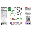 Here’s a revised version of your sentence using the provided product data: The Pawpa Flavor All Flavor OMGarlic No Salt/No Sugar Seasoning & Rub label from Pawpa Flavor LLC features a polar bear logo, detailed nutrition facts, a complete ingredient list, and highlights product claims such as “no salt” and “no sugar.” Social media icons and shake well instructions are displayed on the right, making this versatile garlic rub an ideal choice for health-conscious flavor enthusiasts.