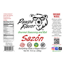 DDR BBQ Supply Pawpa Flavor Sazon label featuring a bear logo, nutrition facts, and seasoning ingredients list.