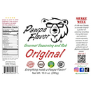 Label for Pawpa Flavor Original All-Purpose Seasoning & Rub by Pawpa Flavor LLC, featuring a bear mascot with glasses. This versatile blend brings bold flavor to any dish. Includes nutrition facts, product highlights, customer testimonial, social media information, and Shake Well instructions. Net weight: 10 oz (283g).