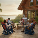 Four people relax on Kanyon Living Adirondack Poly Glider Swivel Chairs in red and blue by Kanyon Living, enjoying comfort and conversation on a patio near a grill, with a scenic lake and trees in the background.