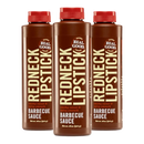 DDR BBQ Supply three-pack of Redneck Lipstick Original smoky, sweet, and spicy barbecue sauce bottles.