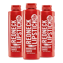 DDR BBQ Supply Redneck Lipstick Hot & Spicy BBQ sauce three-pack in red plastic bottles for ribs and grilled meats.