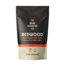 DDR BBQ Supply Dead Rooster Co Redwood barbecue dry rub in a black and cream stand-up pouch on a wooden table
