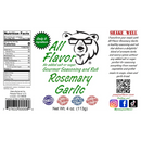 Pawpa Flavor LLC’s Pawpa Flavor All Flavor Rosemary Garlic No Salt/No Sugar Seasoning & Rub label showcases a bear mascot, nutrition facts, ingredients, and product benefits alongside social media icons on a clean white background. This savory herb rub is expertly crafted with no salt and no sugar. Net weight: 4 oz (113g).