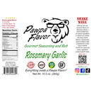 DDR BBQ Supply Pawpa Flavor Rosemary Garlic seasoning label with nutrition facts, ingredients, and usage tips.
