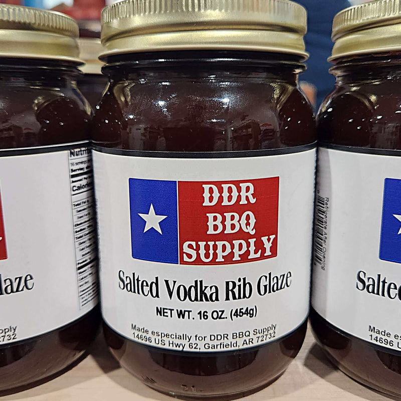 DDR BBQ Supply Salted Vodka Rib Glaze 16 oz bottle – savory-sweet BBQ glaze with vodka flavor