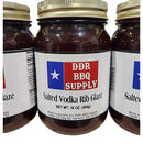 Three 16 oz jars of DDR BBQ Supply Salted Vodka Rib Glaze, branded with a white label featuring blue and red logo and text, are arranged closely side by side.