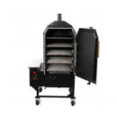 The Smokin Brothers Premier Vertical by Smokin Brothers is a black metal pellet smoker shown with its front door open to reveal multiple interior racks. Designed with sturdy wheels for mobility, it features a compact temperature control panel on the left side for precise all-season smoking. The smoker is set against a plain white background.