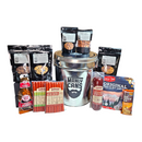 DDR BBQ Supply Manly Cans 3.5 gallon steel gift can filled with assorted beef jerky, meat sticks, nuts, and snacks.