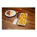DDR BBQ Supply stainless steel griddle spatula next to a plate of breakfast food on a wooden table