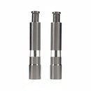 DDR BBQ Supply Thumb Grinders by DDR BBQ Supply—two stainless steel and glass push-button grinders—stand side by side on a white background. Perfect for one-handed seasoning and essential for any modern kitchen or BBQ.