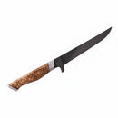 The Steelport Knife Co. 6" Boning Knife, featuring a long, thin black blade and a wooden handle, is handcrafted in the USA for precision meat cutting and is displayed on a plain white background.
