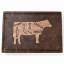 DDR BBQ Supply end grain hardwood cutting board with engraved steer beef cuts diagram for BBQ prep and serving.