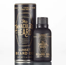 DDR BBQ Supply Immaculate Beard Sunset beard oil bottle and matching cardboard tube packaging on white background
