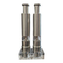 DDR BBQ Supply Thumb Grinders by DDR BBQ Supply are sleek, stainless steel one-handed spice grinders with clear centers, standing on an acrylic base—ideal as portable seasoning grinders for kitchen or BBQ use.