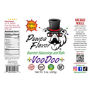 The label for Pawpa Flavor LLC’s Pawpa Flavor VooDoo - Spicy Cajun Seasoning & Rub showcases a bear wearing a top hat. Icons highlighting its vegan, gluten-free, and low sodium qualities are included, along with nutrition facts and social media links.