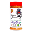 A 9 oz. bottle of Pawpa Flavor LLC’s Pawpa Flavor VooDoo - Spicy Cajun Seasoning & Rub features a distinctive label with a stylized dog wearing a top hat. This bold, versatile Cajun blend is ideal as both a seasoning and rub, and is marked with low sodium, vegan, and gluten-free icons to suit any lifestyle.