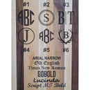 The Two Acre Woodworks Wooden Horse Head Serving Tray With Custom Engraving Options showcases six monogram designs and sample fonts (Arial Narrow, Old English, Times New Roman, Gobold, Lucinda, Script MT Bold)—ideal for personalized gifts.