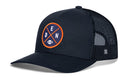 Haka Hat Denver Trucker Hat in black featuring a mesh back and a round patch with an orange border, an X shape, the letters D, E, and N, and a football icon.