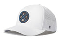 The Haka Hat Detroit Football Performance 5-Panel Hat features a white design with a round black and blue DET patch on the front, small ventilation holes on the side, and a comfortable Flexfit sweatband. Designed as a modern Detroit football hat, this Black DET X Flexfit Snapback also displays a small Haka Hat “H” logo near the edge.