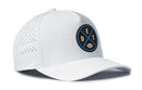 The Haka Hat Detroit Football Performance 5-Panel Hat is a white cap with a circular black logo featuring blue and brown lines, the letters E, D, T, and a football. This Black DET X Flexfit Snapback has a perforated design on the back half for ventilation and is equipped with a Flexfit sweatband for lasting comfort.