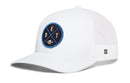 Introducing the Haka Hat Detroit Football Trucker Hat | Black DET X Snapback—a stylish white mesh-back hat from Haka Hat featuring a circular front patch with blue and black accents, the letters “D,” “E,” and “T,” plus a small football detail at the center. This Michigan-inspired hat comes in an easy-to-adjust snapback design for a perfect fit.