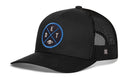 The Haka Hat Detroit Football Trucker Hat | Black DET X Snapback by Haka Hat is a black mesh trucker hat with a curved bill, featuring a round blue patch on the front with crossed lines, the letters D, E, T, and a small football—making it the ideal choice for any Michigan hat enthusiast looking for the perfect Detroit Football Trucker Hat.