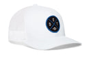 Introducing the Haka Hat Detroit Football Trucker Hat | Black DET X Snapback—a white mesh baseball cap featuring a round black and blue patch on the front. The patch displays crossed lines with the letters D, E, and T, along with a small football image at the bottom, capturing true Detroit football spirit. This classic snapback style from Haka Hat ensures an easy, adjustable fit for fans of Michigan football.