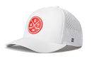 Introducing the Haka Hat Detroit Hockey Performance 5-Panel Hat | DET X Flexfit Snapback by Haka Hat—a white performance cap featuring a red circular logo with crossed hockey sticks, the letters D, E, and T, plus a puck for distinctive Detroit flair. Designed for collectors and fans alike, this snapback includes small ventilation holes on the side and a subtle H logo for added style.