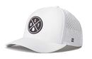 Introducing the Haka Hat Detroit Performance 5-Panel Hat | DET X Flexfit Snapback—a white snapback cap from Haka Hat featuring a round black and white patch with the letters E, T, D and a mitten motif. This hat offers all-day comfort with its Flexfit sweatband, includes small ventilation holes on the side for breathability, and is finished with a stitched H logo.