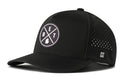 The Haka Hat Detroit Performance 5-Panel Hat | DET X Flexfit Snapback features a circular DET logo on the front, a small H detail on the side, and perforated back panels for ventilation. This hat also includes a Flexfit sweatband to provide added comfort and a secure fit.