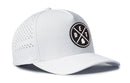 Introducing the Haka Hat Detroit Performance 5-Panel Hat | DET X Flexfit Snapback—a white performance cap by Haka Hat, featuring a round black and white patch with the letters E, T, D and a Michigan silhouette. This water-repellent hat is designed with a curved brim, side ventilation holes, and a comfortable Flexfit sweatband for all-day comfort.