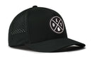 The Haka Hat Detroit Performance 5-Panel Hat | DET X Flexfit Snapback features a black design with mesh side panels and a round front patch showcasing crossed lines, the letters D, E, T, and a small silhouette of Michigan’s Lower Peninsula. This Haka Hat is designed with a Flexfit sweatband for added comfort and an athletic fit.