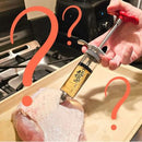 A hand holds a meat injector labeled SpitJack, injecting liquid into raw poultry on a tray—an ideal visual from SpitJack The Ultimate Guide to Meat Injecting — PDF eBook by SpitJack—for those seeking to master advanced meat injection techniques, with large red question marks overlaying the image.