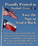 Two flags—American and Texas—wave against a clear sky. Lone Star Art’s "Don't Stop Believing Big Foot" metal sign is proudly printed in Tomball, Texas, USA and adds rustic flair to your cabin. Love it or return it—details included.