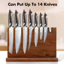 The DDR BBQ Supply Double Sided Magnetic Knife Block with Built-In Sharpener holds up to 14 knives, featuring a wooden design for kitchen storage of stainless steel knives in various sizes and shapes.
