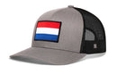 Gray and black Haka Hat Netherlands Flag International Trucker Hat featuring a rectangular flag patch on the front.