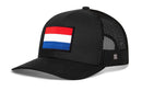 Black Haka Hat Netherlands Flag International Trucker Hat featuring a rectangular red, white, and blue Dutch flag patch on the front.