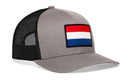 Grey Haka Hat Netherlands Flag International Trucker Hat with a black mesh back and a Netherlands flag patch on the front.