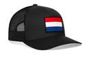 Haka Hat Netherlands Flag International Trucker Hat featuring a black mesh back and a rectangular Dutch flag patch on the front.