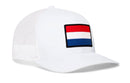 White Haka Hat Netherlands Flag International Trucker Hat featuring a rectangular patch of the Netherlands flag on the front.