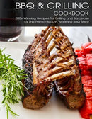 A succulent rack of grilled ribs, garnished with fresh rosemary and accompanied by sliced watermelon on a white plate, graces the cover of the "BBQ & Grilling Cookbook: 200+ Winning Recipes For Grilling and Barbecue for The Perfect Mouth Watering BBQ meat" from Books by splitShops—an image that vividly showcases expert smoking techniques and the irresistible allure of smoked food.