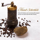 A stylish pepper grinder, loose The Spice Lab Organic Black Tellicherry Peppercorns Whole, and a brass bowl of freshly ground pepper sit on a white surface. Text reads: Hand-Selection—Only the thickest and most beautiful organic Tellicherry pepper berries are chosen by hand after drying.