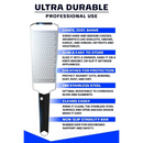 The Dalstrong Professional Coarse Wide Cheese Grater with a black G10 handle is featured on a white background. Blue and white text highlights: grating, zesting, shaving, slim design, easy storage, protected sheath, easy cleaning, and non-slip bar.