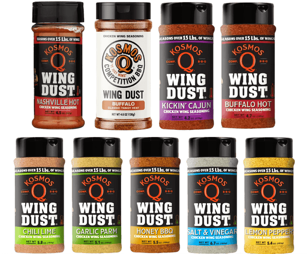 Ten bottles of Kosmos Q Wing Dust seasoning in various flavors, including Nashville Hot, Buffalo, Kickin’ Cajun, Chili Lime, Garlic Parm, Honey BBQ, Salt & Vinegar, and Lemon Pepper, are arranged in two rows.